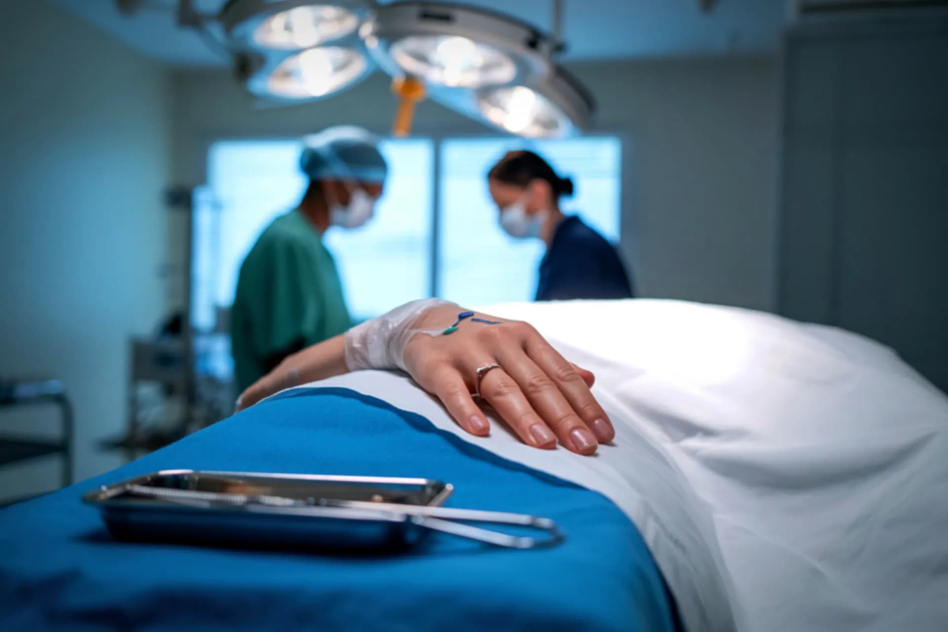 OP-Saal, Patientenhand auf sterilem Tuch — Vertrauen durch Vorbereitung